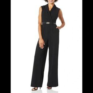 Calvin Klein Sleeveless Collared Belted Jumpsuit, Size 14, Leather Logo Belt